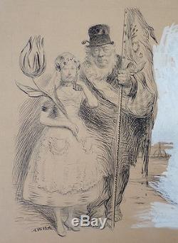 Beau dessin original de WILLETTE Reine WILHELMINE + Paul KRUGER guerre des Boers