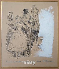 Beau dessin original de WILLETTE Reine WILHELMINE + Paul KRUGER guerre des Boers