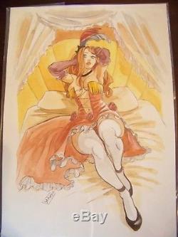 CUCCA Dessin original 24x30 Route des maisons rouges Sexy pinup