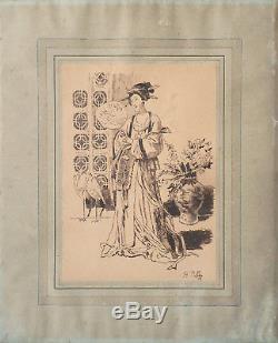 Dessin original de Henri PILLE (1844-1897) japonaise geisha Japon illustration