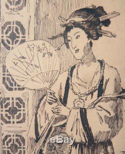 Dessin original de Henri PILLE (1844-1897) japonaise geisha Japon illustration