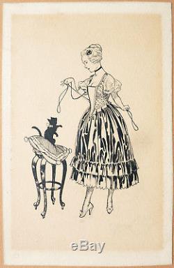 Dessin original illustration de Chéri HEROUARD (1881-1952) femme et chat