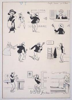 Dessin planche originale de Théophile BARN vers 1905 humour guitare