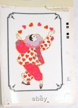 ESZ7050. Vintage Arlene Noel Pierrot Voeux Carte Dessin Planche Original 1970s