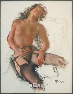Femme nue peinture gouache de Pierre Laurent BRENOT (1913-1998) jarretelles