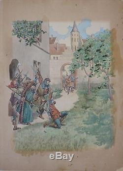 Grand dessin original aquarelle de JOB (1858-1931) illustration Belgique