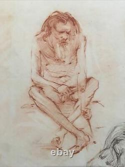 Hommes Nus Grande Planche Ancienne Dessins au fusain, signés José Delacroix