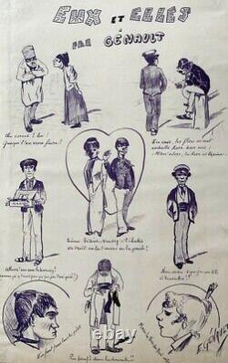L'affichiste E. Genault // Dessin Original Planche De Caricatures 1900 (50)
