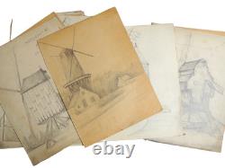 Lots 25 planches dessins artiste. Moulin à vent, port, paysage circa 1940. Signé