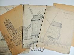 Lots 25 planches dessins artiste. Moulin à vent, port, paysage circa 1940. Signé