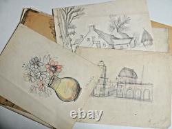 Lots 25 planches dessins artiste. Moulin à vent, port, paysage circa 1940. Signé