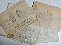 Lots 25 planches dessins artiste. Moulin à vent, port, paysage circa 1940. Signé