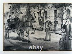 OLD ORIGINAL Scène de Rue Chiffre Crayon Graphite dessin croquis/Paper Board