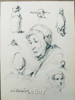 Pierre Letuaire, planche de dessins, personnages, Crayon et aquarelle sur papier