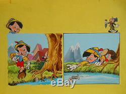 Pinocchio Collodi & Disney Une Planche De 4 Dessins Originaux En Couleurs