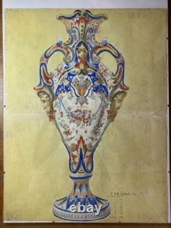 Planche Aquarelle Recto-Verso FAÏENCERIE DE DESVRES Signée R. Ruhe (ca. 1900)