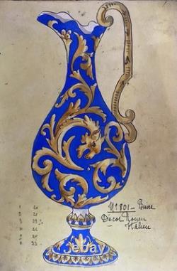 Planche Aquarelle Recto-Verso FAÏENCERIE DE DESVRES Signée R. Ruhe (ca. 1900)