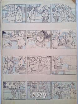 Planche de BD originale signée ARTHUR PERRIER. Phonographe. Village