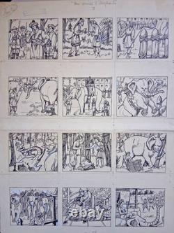 Planche de BD originale signée ASY. Inde. Elephants