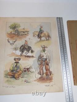 Roger GRADET illustrateur FAR-WEST Planche originale, Aquarelle signée de 1946
